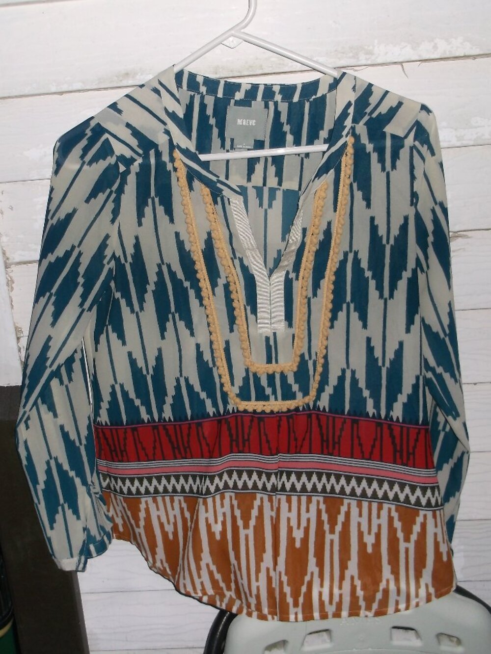 Maeve Teal & Cream Boho Geometric Blouse, Decorative Trim, Long Sleeve, Like New